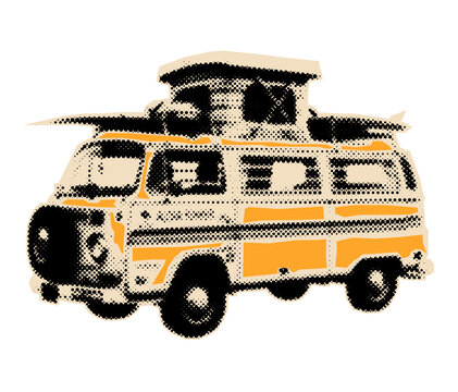 Camper van halftone cutout . Pop art collage element. Van life sticker.