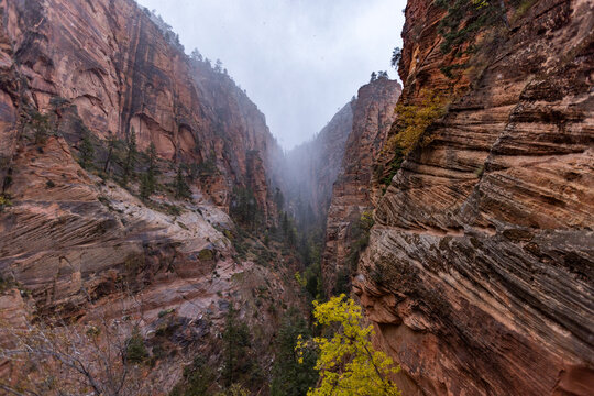 Zion Canyon rock formations in fog