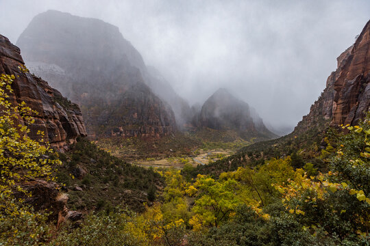 Gray clouds covering Zion Canyon during snowstorm