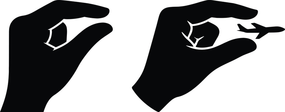 Black silhouette hand flicking small airplane icon on white background. Hand gesture, launching a small airplane. Travel freedom, creative ideas, startup launches, and the power of imagination.