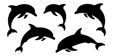 Set of dolphin silhouettes in different swimming poses marine animals © MSTROUJATOUS