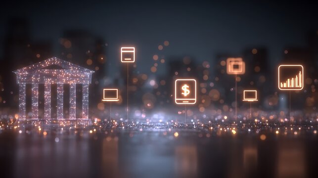 Cityscape with digital icons at night.
