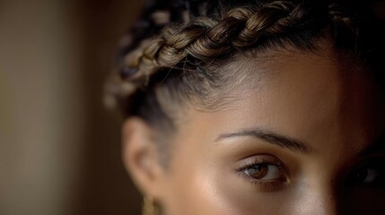Fototapeta premium Close-up portrait of a young woman's face. she has dark skin and her hair is styled in a braided updo. her eyes are looking directly at the camera with a serious expression.