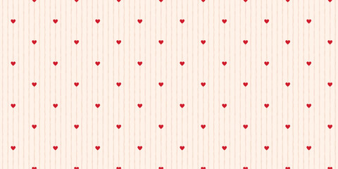 Fototapeta na wymiar Hand drawn vertical striped seamless pattern with tiny hearts. Irregular lines cute background. Valentine's Day print for wrapping paper, textile and fabric. Vector illustration