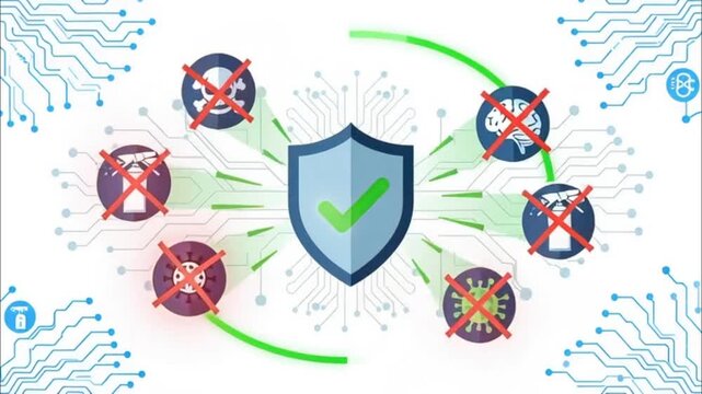 Cybersecurity protection shield with icons.