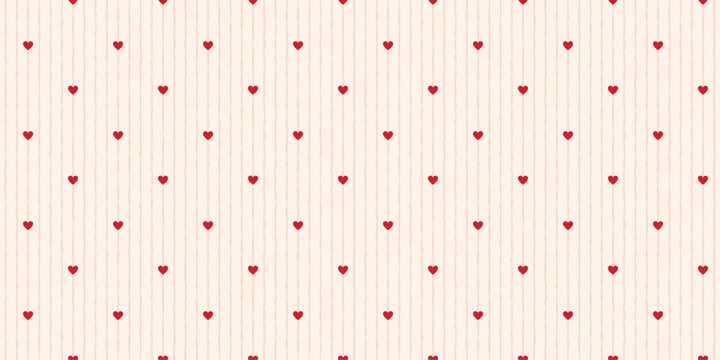 Hand drawn vertical striped seamless pattern with tiny hearts. Irregular lines cute background. Valentine's Day print for wrapping paper, textile and fabric. Vector illustration