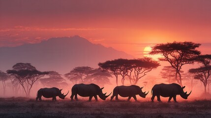Fototapeta premium wild rhinos grazing peacefully on open plains during sunset, dramatic clouds in the sky, natural habitat and serene wildlife scene