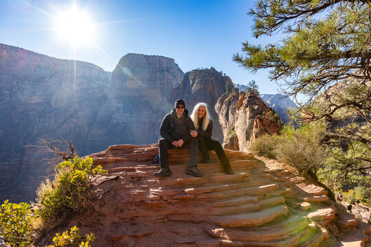 Portrait of senior couple at Scouts Lookout below Angels Landing