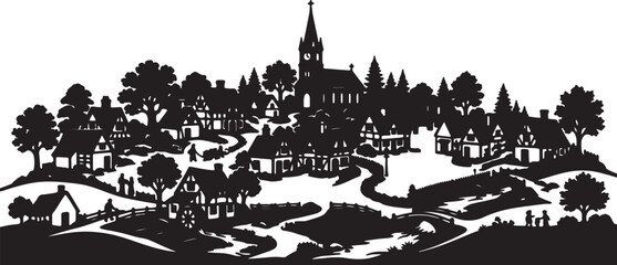 Obraz premium Silhouette of a traditional european village with a church spire and timber framed houses