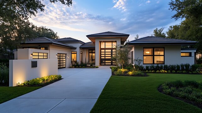 Luxury modern residence with expansive driveway glowing under a beautiful early evening blue sky