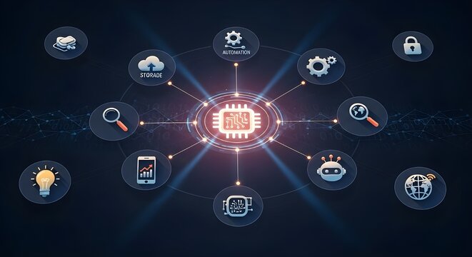 Digital Core: A dynamic visual representation of a central processing unit (CPU) is interconnected with multiple technological icons, emphasizing its pivotal role in the digital age.