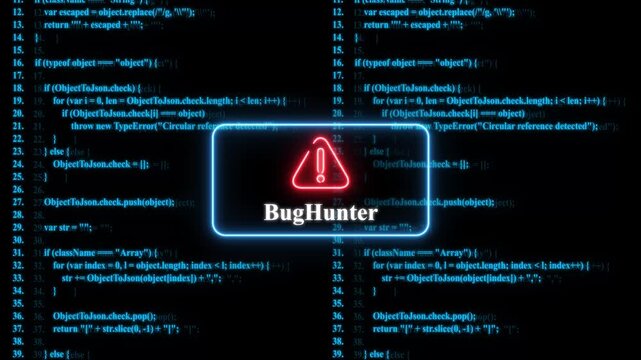 Bug hunter software development concept with neon warning sign and scrolling blue programming code background