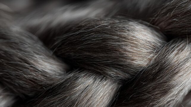 Close-up of a group of strands of hair. the hair appears to be soft and fluffy, with a dark grey color. the strands are tightly wound together, creating a tangled and tangled appearance.