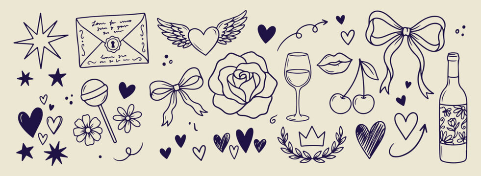 Minimal hand drawn winged heart, Expressive brush line rose sketch, Clean layout romantic doodle illustration, High negative space wine drawing, Rough sketch style love and peace art, Simple black lin