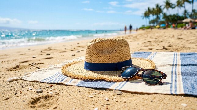 Fotograf&iacute;a hiperrealista de sombrero de paja y gafas de sol sobre toalla en playa, composici&oacute;n est&eacute;tica, luz brillante