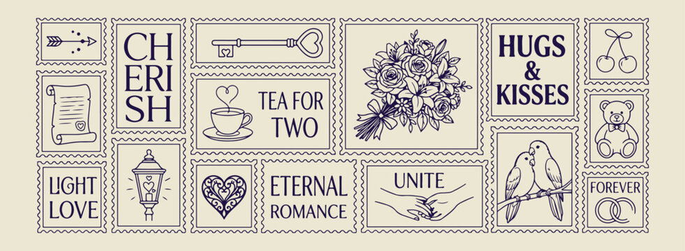 Hand drawn vintage postage stamps, Minimal brush line floral sketch, Clean layout eternal romance illustration, High negative space key drawing, Expressive strokes bouquet art, Simple black line stati