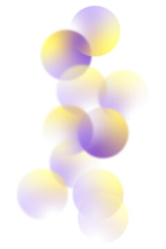 Lavender purple and yellow gradient bokeh shapes, vertical abstract composition and layout of blurred spheres isolated on transparent PNG