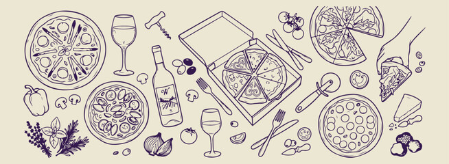 Pizza party and italian dining illustration, hand drawn mediterranean meal and wine sketches, decorative restaurant and cooking theme doodles, artistic traditional pizzeria design elements, minimalist