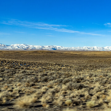 Grassy field with snow covered mountains in distance