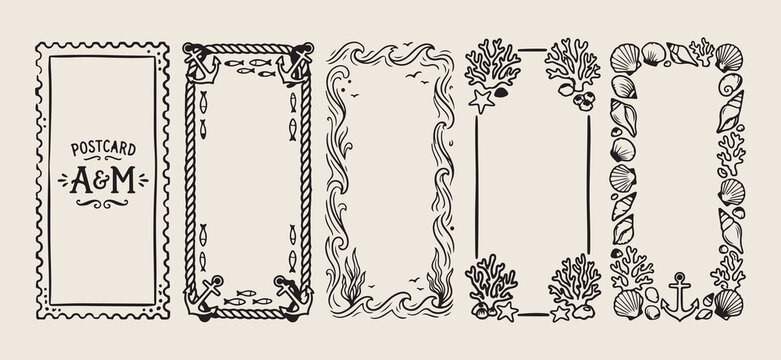 Elegant hand drawn frames botanical borders, minimalist decorative line art frame icons, creative flourish and leaf border doodles, artistic blank floral label and badge elements, sketchy page divider