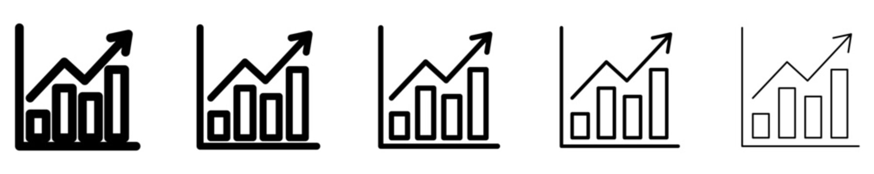 Set of linear growth chart icons with different stroke weights. Minimalist symbols of financial success, analytics, and positive business development dynamics. Vector illustration.