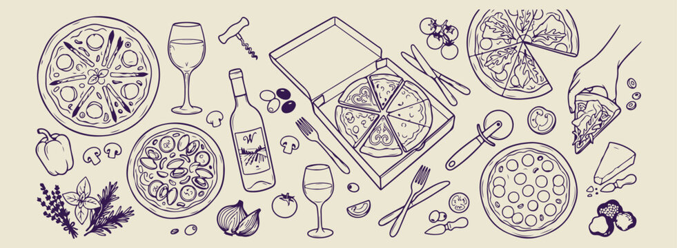 Pizza party and italian dining illustration, hand drawn mediterranean meal and wine sketches, decorative restaurant and cooking theme doodles, artistic traditional pizzeria design elements, minimalist
