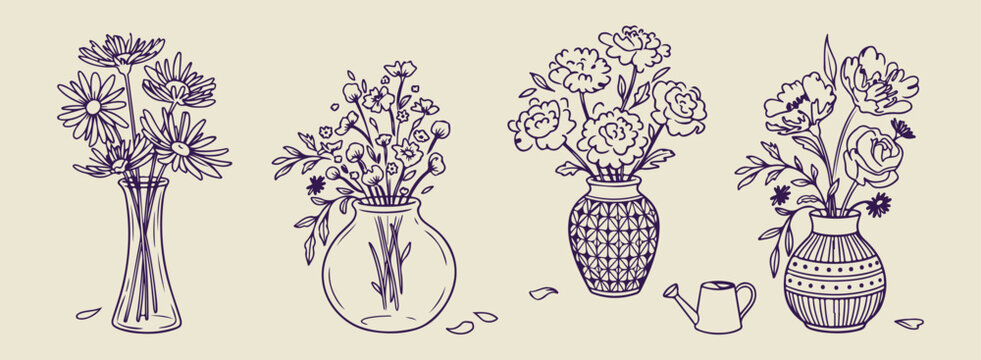 Hand drawn flower vases floral arrangements, minimalist botanical bouquet and pot sketches, decorative spring garden and flower doodles, artistic indoor floral design and bloom icons, minimalist organ