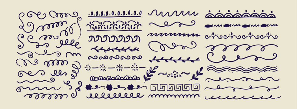 Hand drawn decorative wavy lines borders, minimalist artistic divider and corner doodles, creative flourish and scroll border elements, artistic blank page divider line art, decorative frames for text