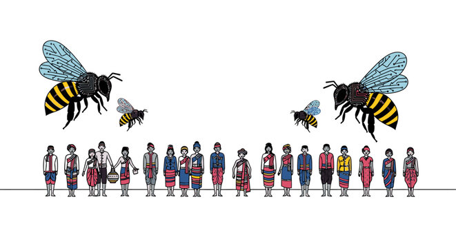 Diverse group of people in traditional clothing standing in front of large bees and small bees flying above