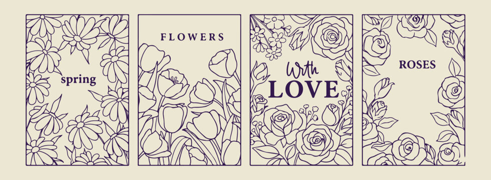 Hand drawn floral bouquet flowers frame, minimalist garden botanical and leaf sketches, decorative spring blossom and stem doodles, artistic organic nature and blossom icons, minimalist floral border 