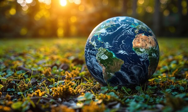 A globe sitting on grass in a forest with a sunset background