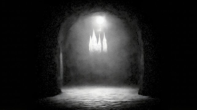 Dark misty archway with illuminated gothic spires in fog. Ethereal tunnel entrance revealing tall pointed towers in bright light. Mysterious fantasy landscape for atmospheric and supernatural themes.