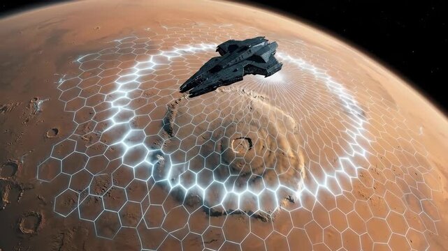 Spaceship activating a hexagonal energy shield over a desert planet. Futuristic spacecraft scanning the surface of Mars with high-tech force field projection for colony defense and orbital