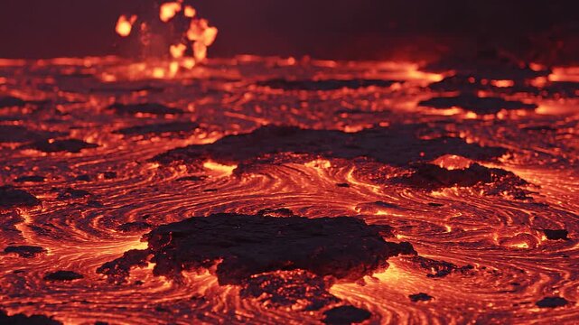 molten lava surface with swirling patterns at night