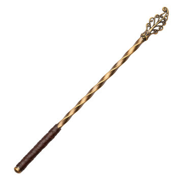 Ornate bronze magic wand with leaf finial isolated on a transparent background