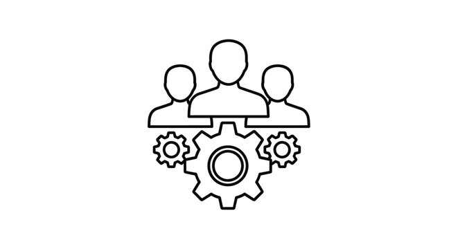 A minimalist line drawing depicts three people above interconnected gears symbolizing teamwork and mechanical processes