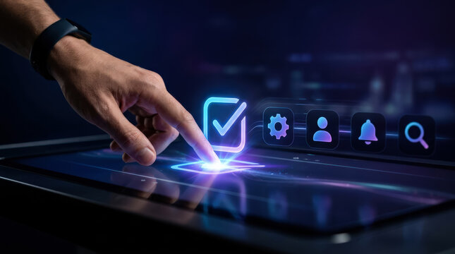 Close Up of a Person Touching a Glowing Digital Checkmark Validation Icon
