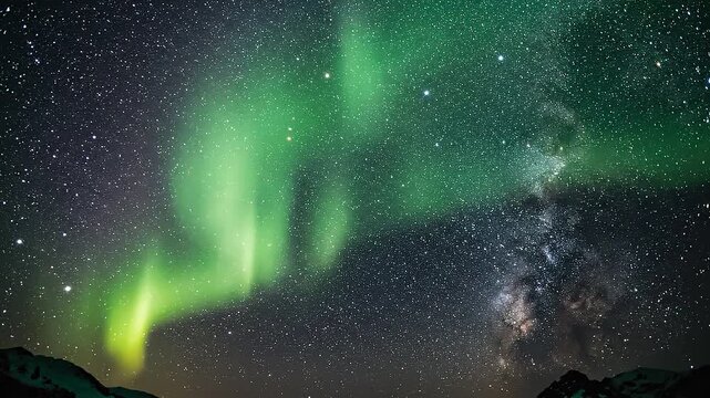 Green aurora borealis and milky way galaxy in starry night sky