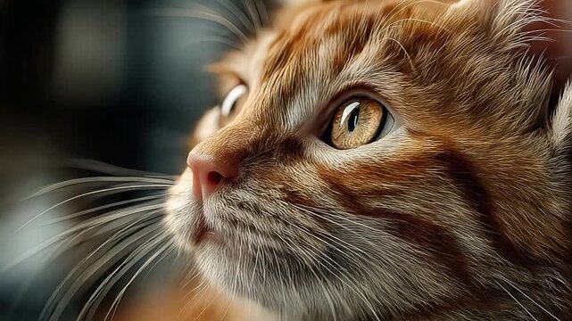 A close-up portrait of a ginger cat, conveying curiosity and focus. Ideal for pet adoption campaigns, animal welfare ads, or illustrating qualities li