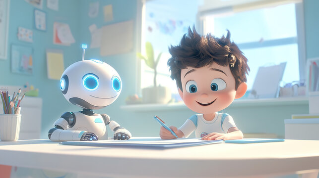 Cartoon-style AI robot tutor helps with homework
