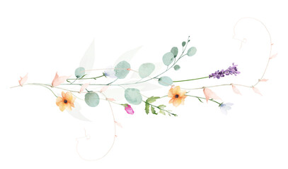 Watercolor floral semicircular border frame. Blue bells, violet lavender flowers. Green, turquoise eucalyptus branches, leaves. Hand drawn style illustration. Artistic template design. © satika