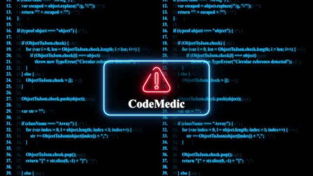 Code medic warning sign over digital programming source code background, for software development, and debugging concepts
