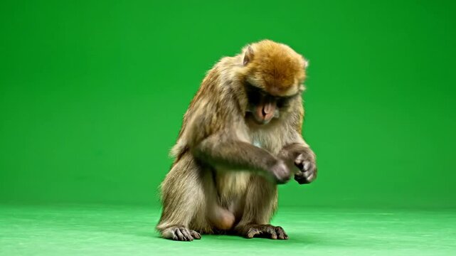 Macaque Monkey Walking on Green Screen Studio Background