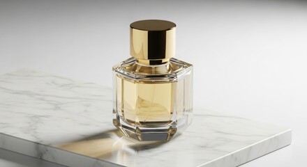 A luxurious perfume bottle with a gold cap sits on a marble surface
