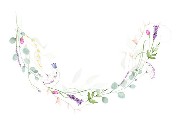 Watercolor floral semicircular border frame. Blue bells, violet lavender flowers. Green, turquoise eucalyptus branches, leaves. Hand drawn style illustration. Artistic template design. © satika