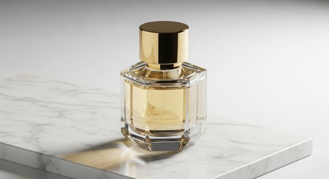 A luxurious perfume bottle with a gold cap sits on a marble surface