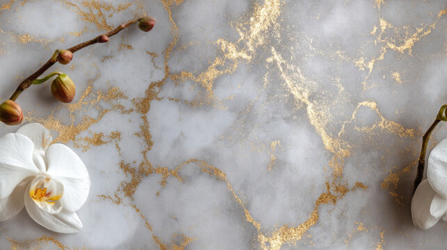 White orchid branches on marble background with gold veins, soft luxury composition