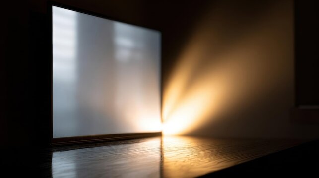 Flat screen tv sitting on a wooden floor in a dimly lit room. the tv is turned on and the screen is turned off, casting a warm glow on the wall behind it.