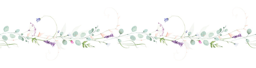 Watercolor floral seamless horizontal border. Meadow blue, turquoise eucalyptus branches, violet lavender, pink flowers, green leaves. Hand drawn illustration. Artistic template design © satika