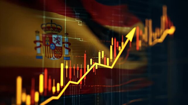 Spain stock market growth animation featuring spanish national flag with rising bull candlestick chart and glowing arrow showing economic recovery financial prosperity and investment success.